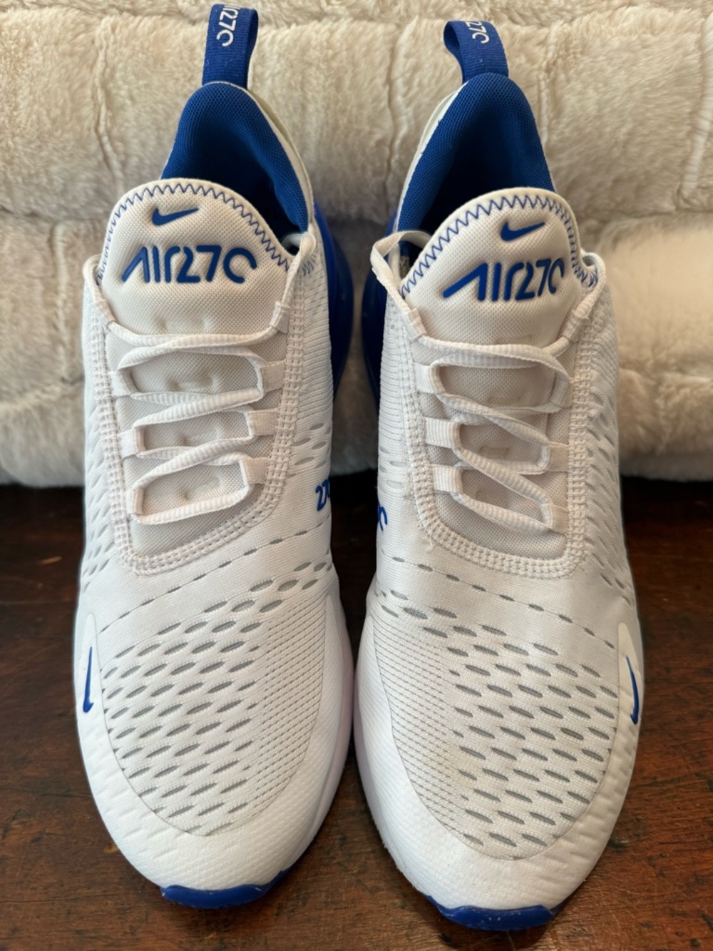 Nike White and Royal Blue Air270 Sneakers, Size 9